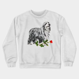 Valentines Bearded Collie Dog with Red Rose Crewneck Sweatshirt